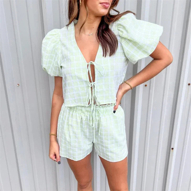 Conjunto Feminino 2 Peças Xadrez Y2K – Top Amarrado & Shorts Cintura Elástica