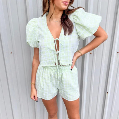 Conjunto Feminino 2 Peças Xadrez Y2K – Top Amarrado & Shorts Cintura Elástica
