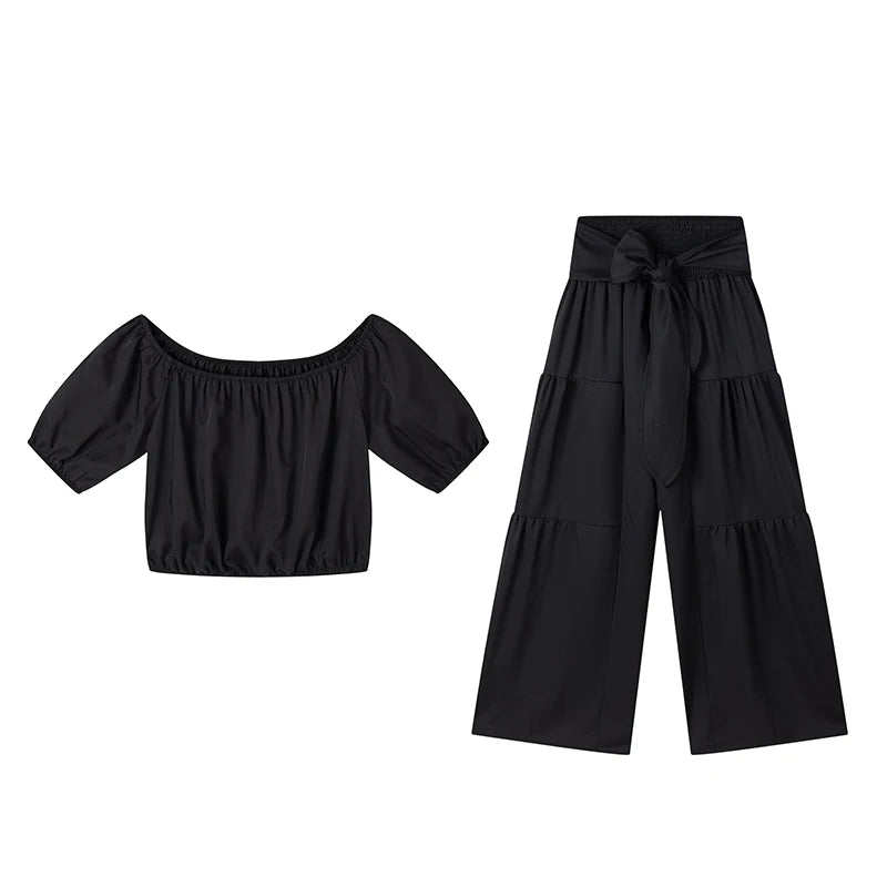 Women's Casual Set – Top & High-Waisted Wide Leg Pants