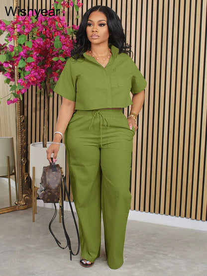 Conjunto Feminino 2 Peças Lã/ Linho – Camisa Manga Curta + Calça Wide Leg Estilo Esporte Casual