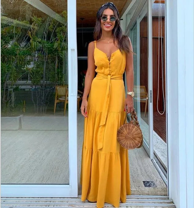 Vestido Feminino Decote V – Sem Mangas, Botões Únicos