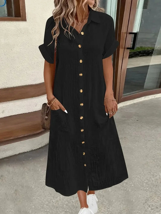 Vestido Feminino Camisa Verão – Manga Curta, Cor Sólida