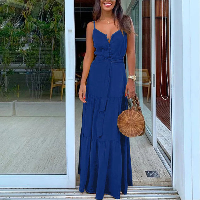 Vestido Feminino Decote V – Sem Mangas, Botões Únicos