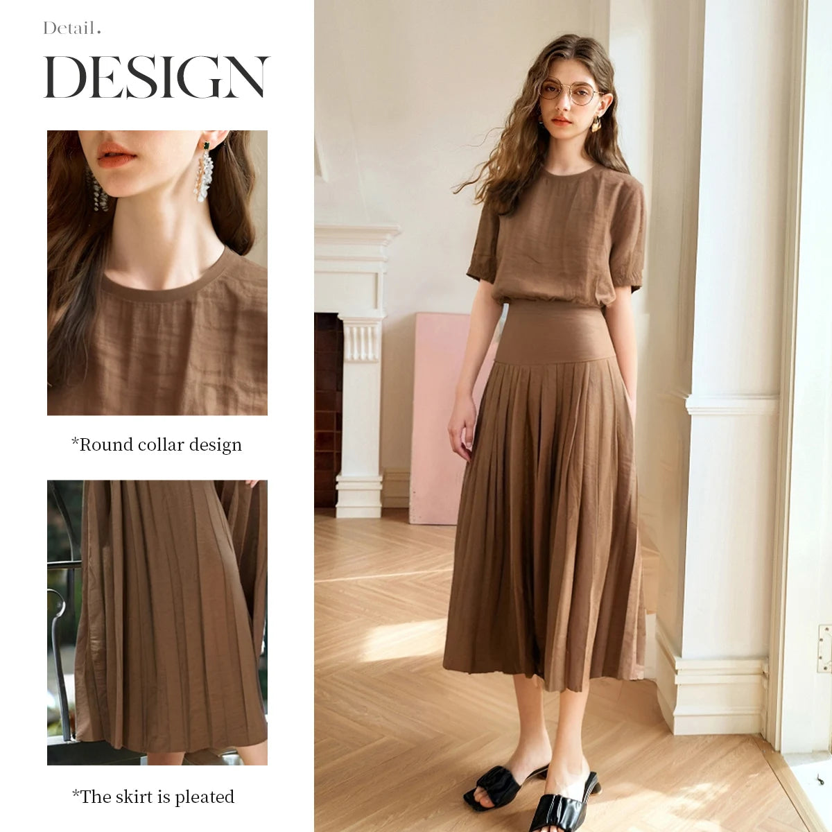 Conjunto French Coffee – Top Elegante & Saia Plissada