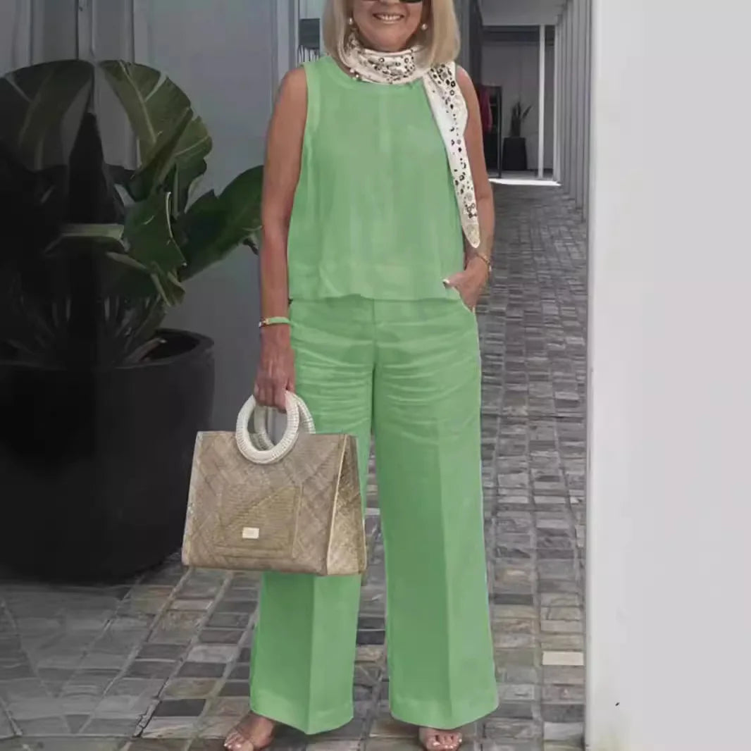 Conjunto Feminino Linho Sólido – Blusa Regata + Calça Wide-Leg