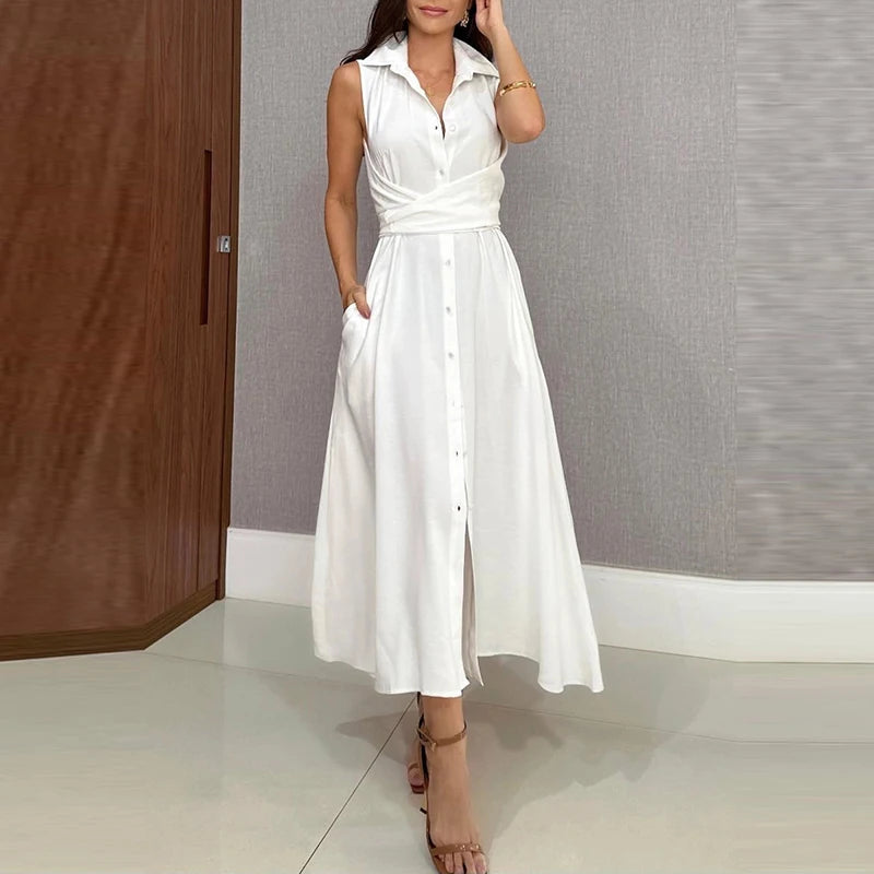 Elegant Long Dress – Lapel Neck & Lace-Up Tie