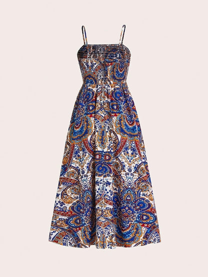 Vestido Longo Estampado com Alças e Cintura Ajustada