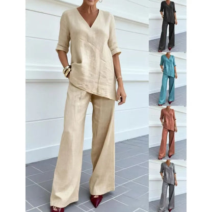 Conjunto Algodão & Linho – Blusa Decote V & Calça Reta