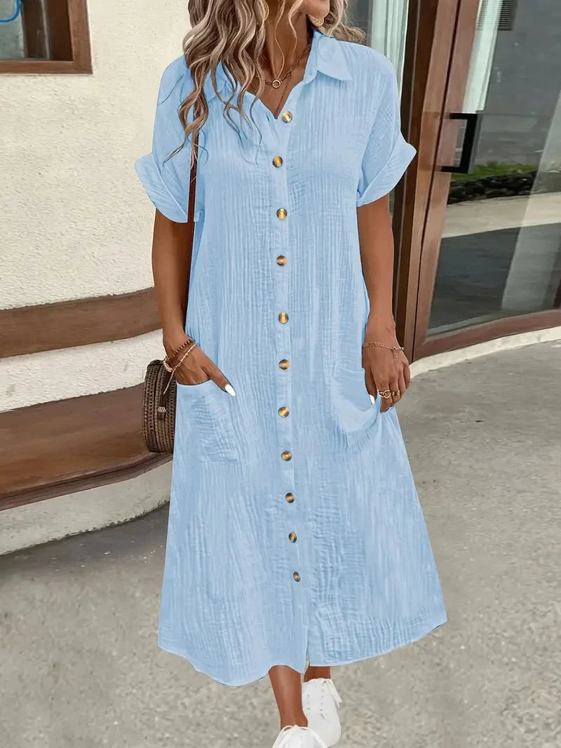 Vestido Feminino Camisa Verão – Manga Curta, Cor Sólida