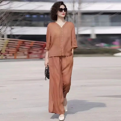Conjunto Cotton-Linen Modern – Top & Calça Wide Leg 2-Peças