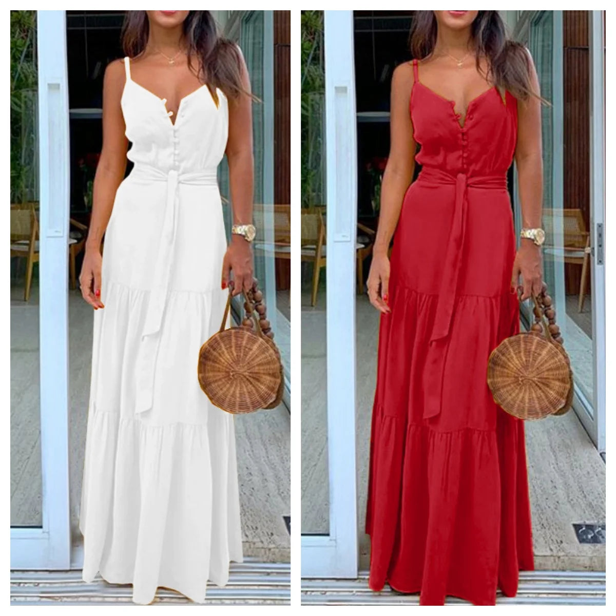 Vestido Feminino Decote V – Sem Mangas, Botões Únicos