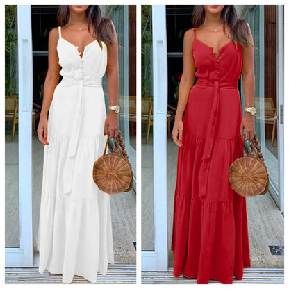 Vestido Feminino Decote V – Sem Mangas, Botões Únicos