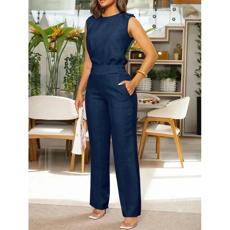 Conjunto Feminino Elegante – Blusa Sem Manga & Calça Wide Leg