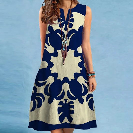 Printed Midi Dress with V-Neck and Flowing Skirt