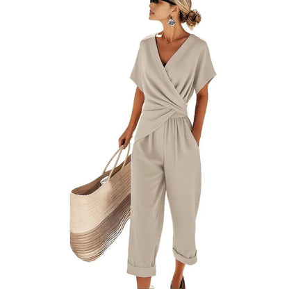 Conjunto Feminino Primavera/Verão 2025 – Top Manga Curta Irregular + Calça de Perna Larga