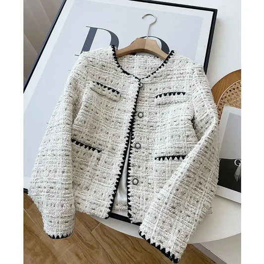 Vestes printemps-automne tendance, blazers en tweed élégants pour femmes, style français chic, idéales pour le bureau, manteaux courts en laine de luxe.