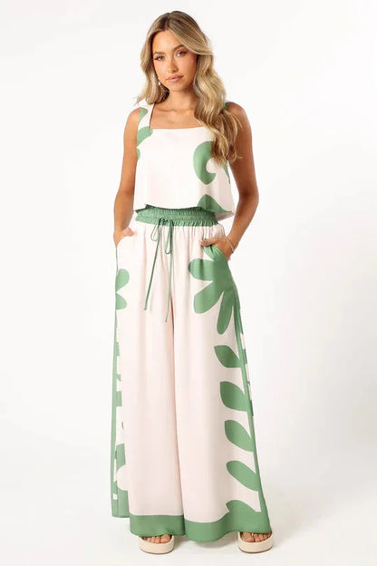 Conjunto Feminino de Verão – Colete Sem Manga & Calça Wide Leg Estampada