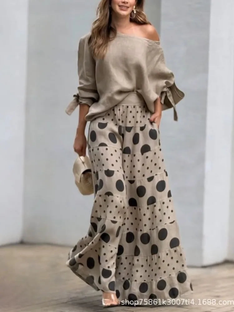Conjunto Feminino Casual – Top Diagonal + Calça Estampa Poá