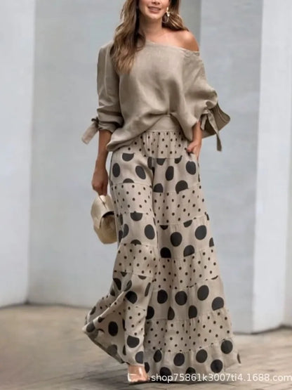 Conjunto Feminino Casual – Top Diagonal + Calça Estampa Poá