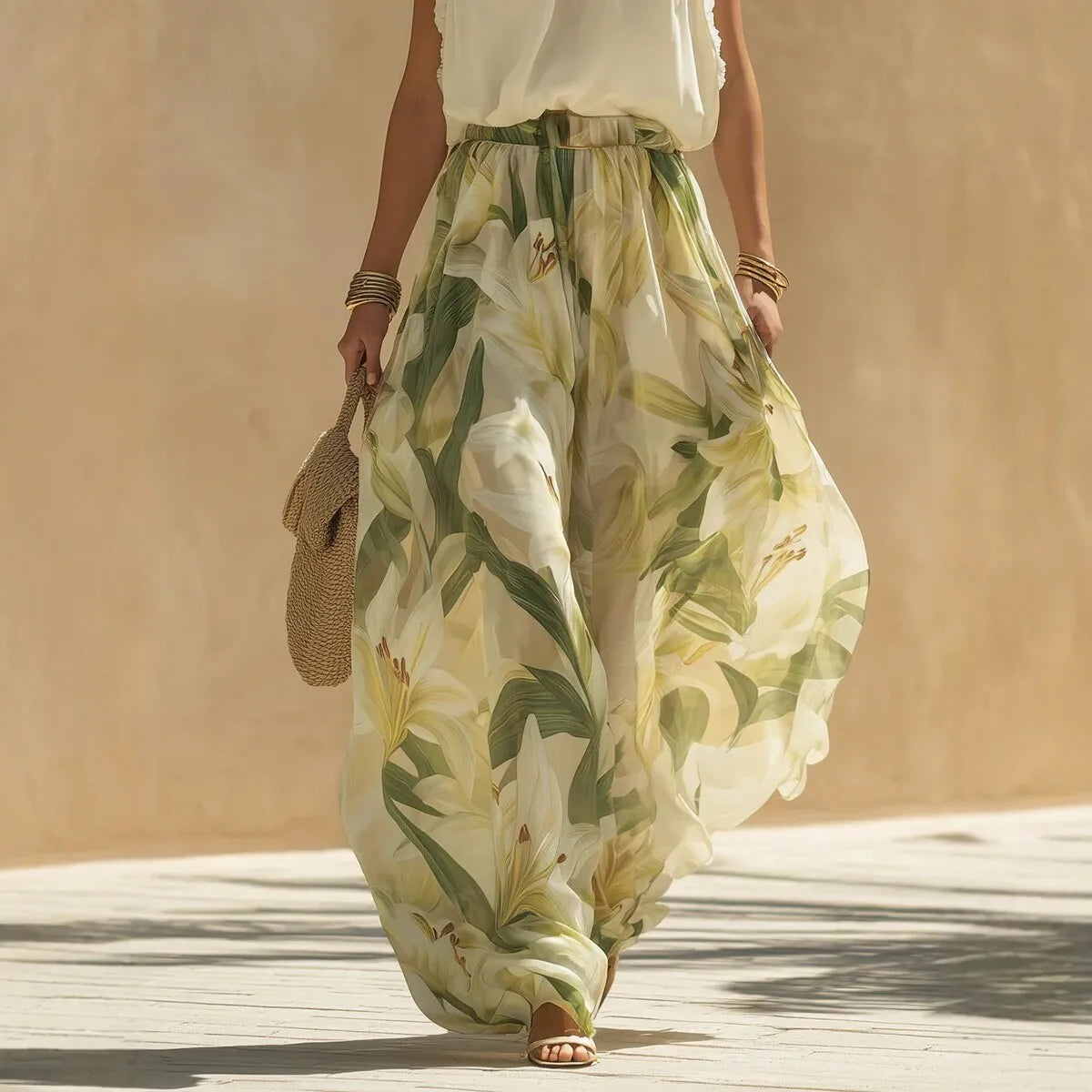 Conjunto Maxi Resort – Decote V, Estampa &amp; Babados Elegantes