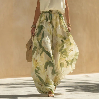 Conjunto Maxi Resort – Decote V, Estampa &amp; Babados Elegantes