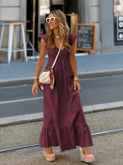 Vestido Longo de Verão – Decote V & Cintura Alta