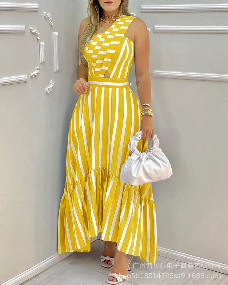 Vestido Listras & Recortes – Elegância Leve para Primavera e Verão