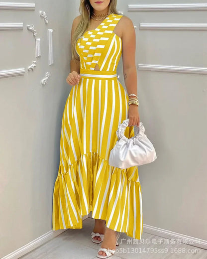 Vestido Listras & Recortes – Elegância Leve para Primavera e Verão