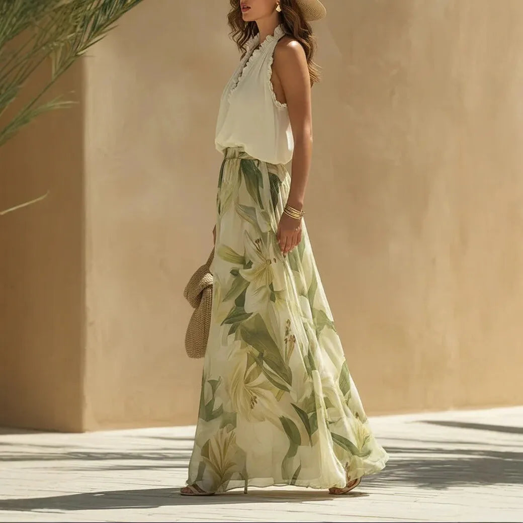 Conjunto Maxi Resort – Decote V, Estampa &amp; Babados Elegantes