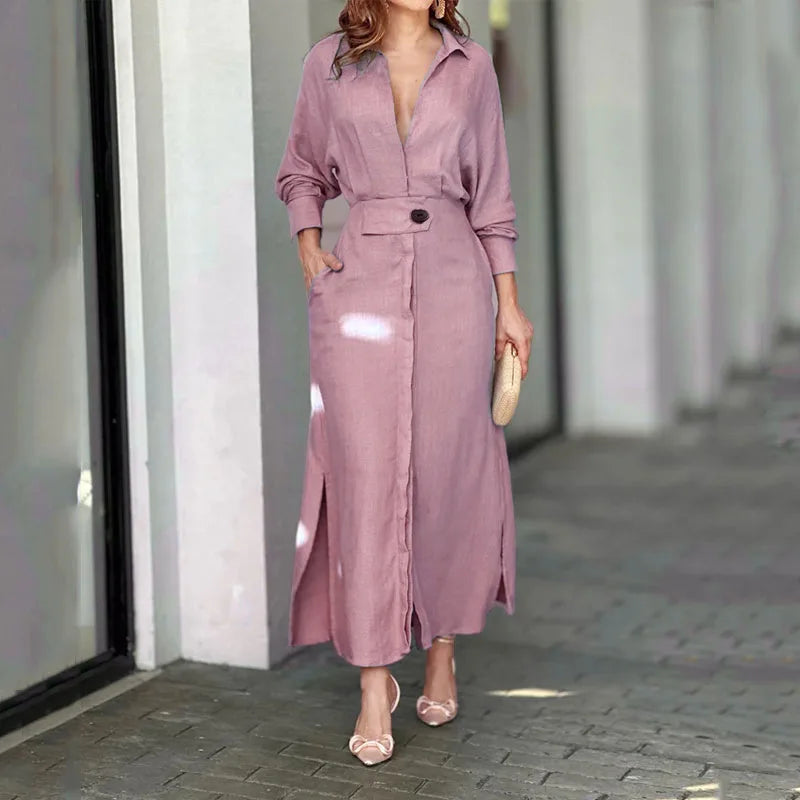 Vestido Feminino de Outono – Manga Longa com Decote V