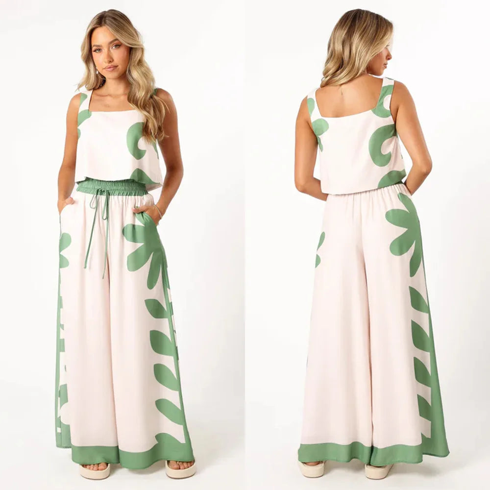 Conjunto Feminino de Verão – Colete Sem Manga & Calça Wide Leg Estampada