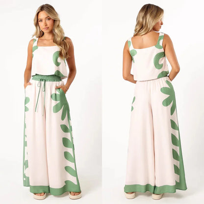 Conjunto Feminino de Verão – Colete Sem Manga & Calça Wide Leg Estampada