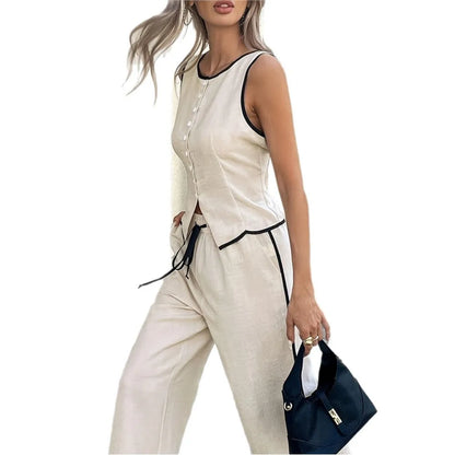 Conjunto Feminino 2 Peças – Colete Sem Manga & Calça de Cintura Alta