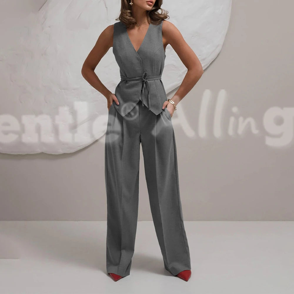 Conjunto Feminino Linho Sólido – Colete + Calça Wide-Leg