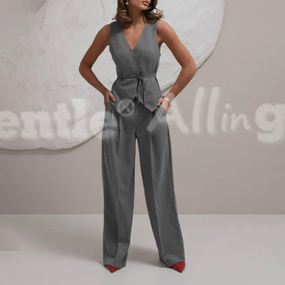 Conjunto Feminino Linho Sólido – Colete + Calça Wide-Leg