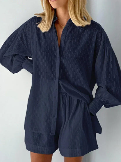 Conjunto Feminino 2 Peças Casual Solto – Camisa Manga Longa + Shorts Streetwear