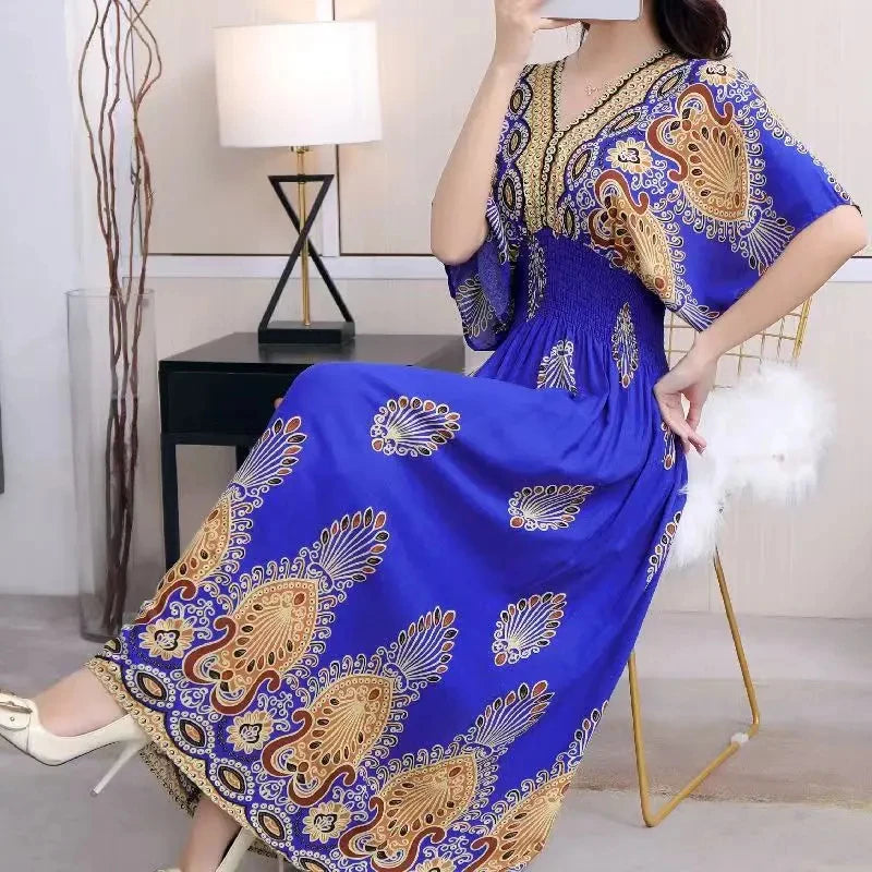 Vestido Midi Vintage com Estampa Retro e Decote V