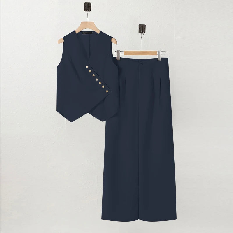 ZANZEA Women's Set – Vest & Wide Leg Pants with Irregular Buttons