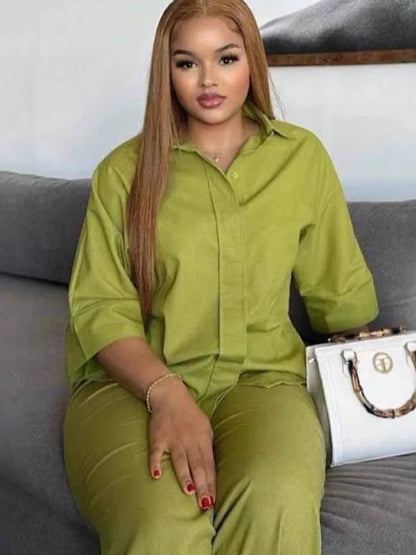 Conjunto Feminino 2 Peças Cor Sólida – Camisa Single-Breasted Solta + Calça Wide-Leg Cintura Elástica