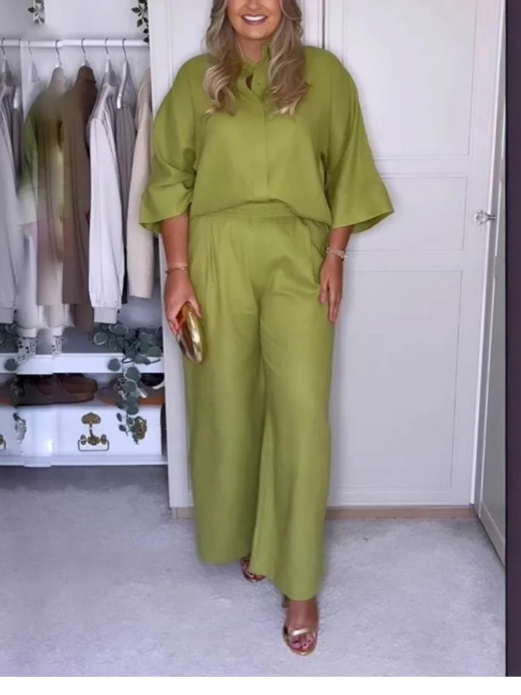 Conjunto Feminino 2 Peças Cor Sólida – Camisa Single-Breasted Solta + Calça Wide-Leg Cintura Elástica