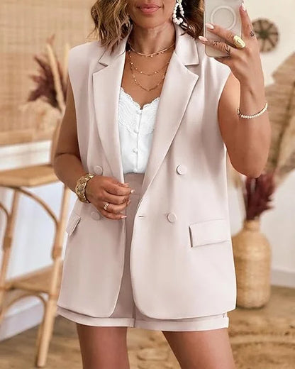 Conjunto Feminino Blazer Sem Mangas + Shorts Cintura Alta – Casual Executivo