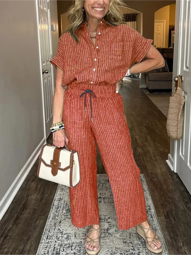 Conjunto Feminino Listrado – Camisa Manga Curta + Calça Solta