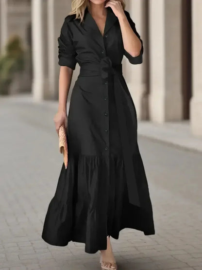 Vestido Feminino Manga Longa – Decote V e Cadarço na Cintura