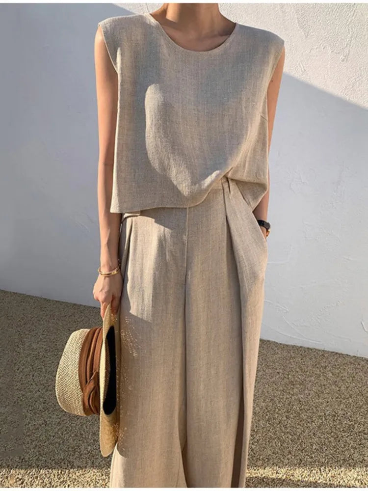 Conjunto Cotton-Linen Loose – Top Sem Manga & Calça Wide Leg