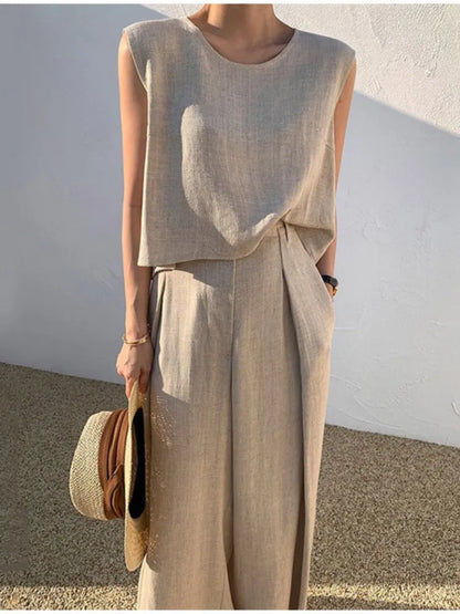 Conjunto Cotton-Linen Loose – Top Sem Manga & Calça Wide Leg