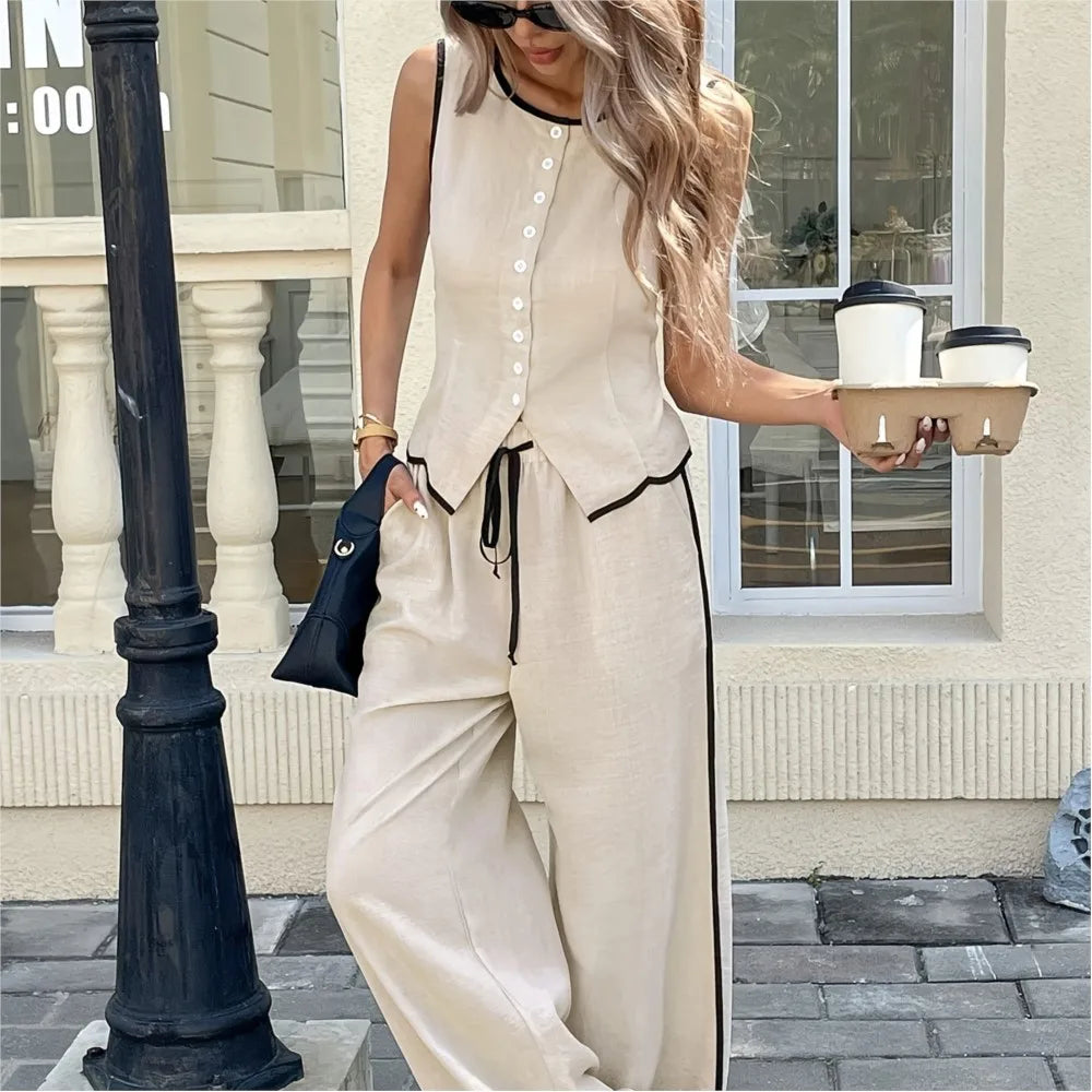 Conjunto Feminino 2 Peças – Colete Sem Manga & Calça de Cintura Alta