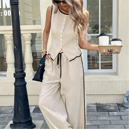 Conjunto Feminino 2 Peças – Colete Sem Manga & Calça de Cintura Alta