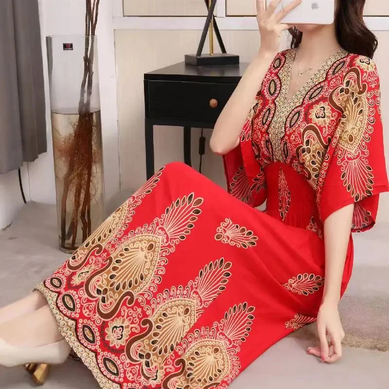 Vestido Midi Vintage com Estampa Retro e Decote V