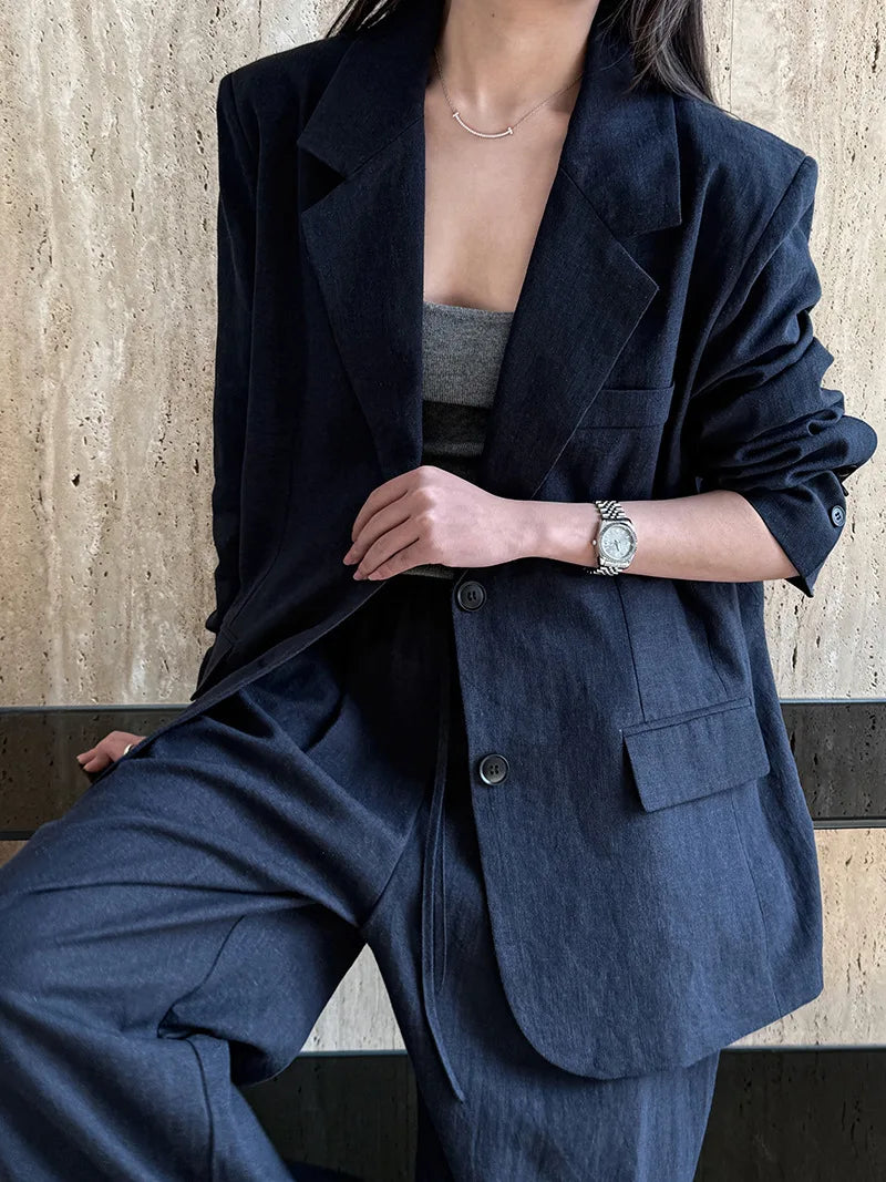 Conjunto Feminino Linho Sólido – Blazer + Calça Wide Leg