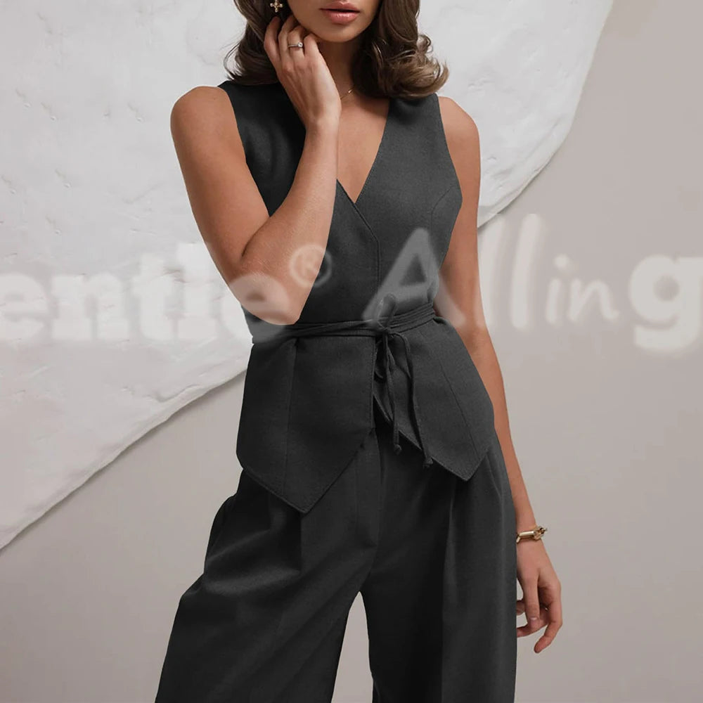 Conjunto Feminino Linho Sólido – Colete + Calça Wide-Leg